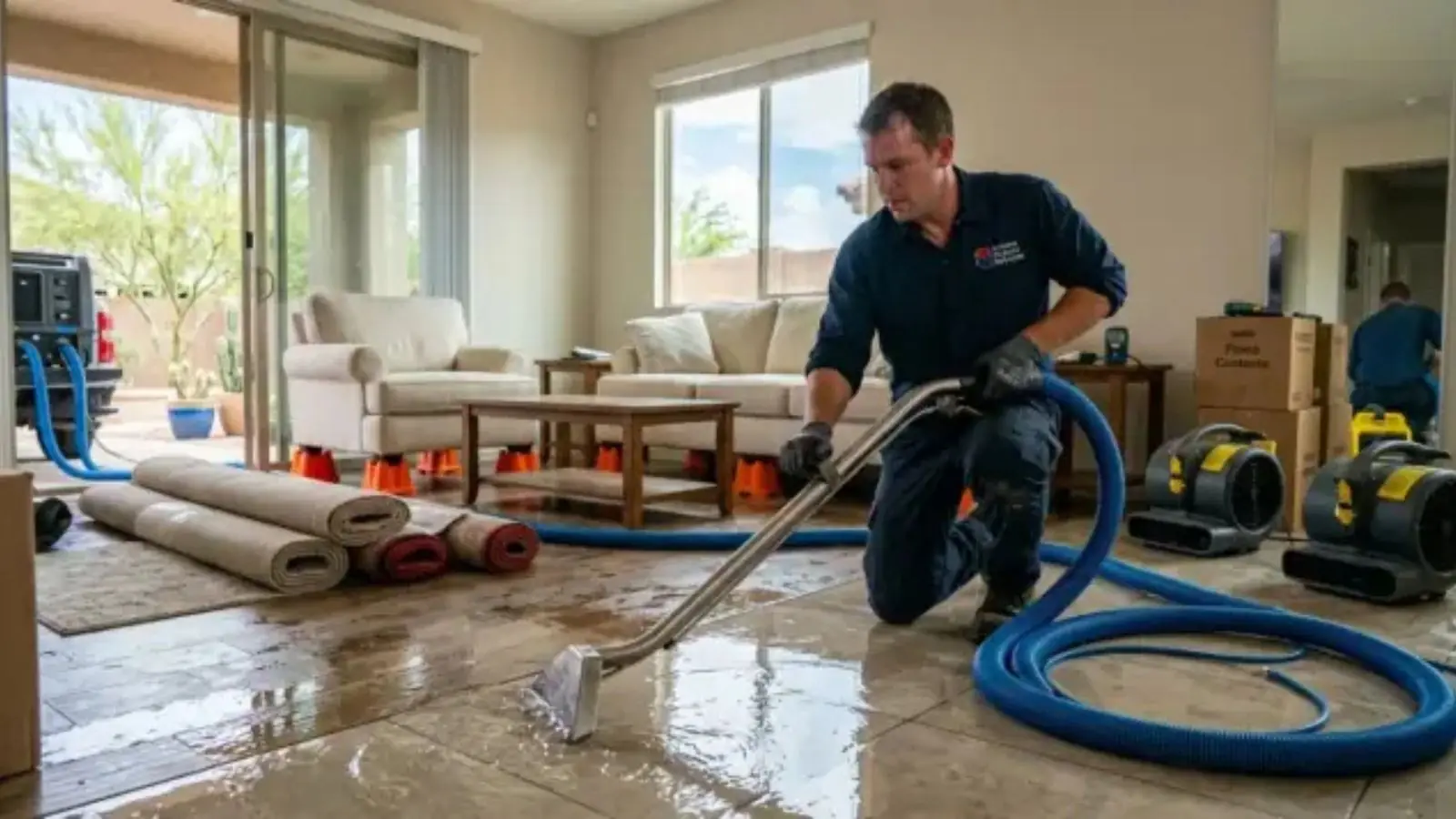 Technician kneeling on a wet living room floor using a water extraction wand while air movers and rolled-up rugs sit nearby
